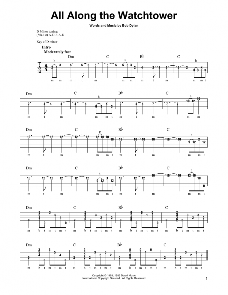 tablature all along the watchtower