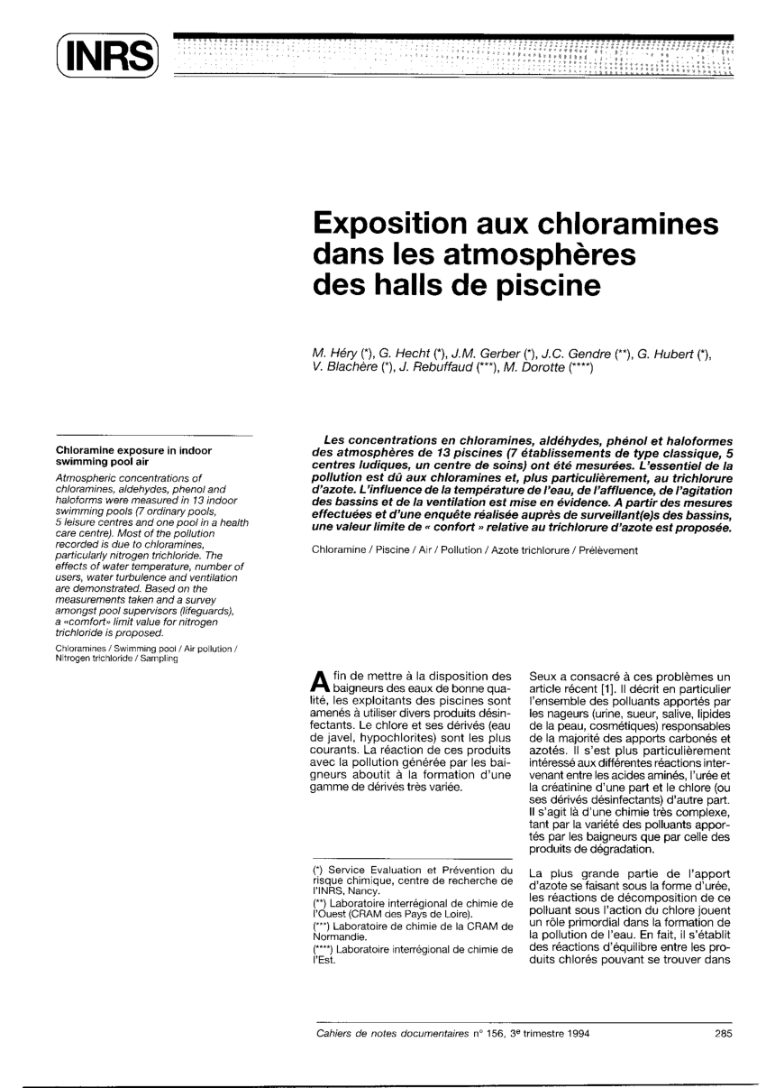 Pdf) Exposition Aux Chloramines Dans Les Atmosphères Des ... intérieur Chloramine Piscine