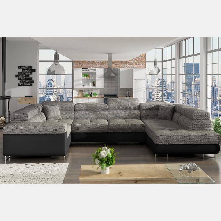 Canapé Panoramique Convertible Noir Et Gris Clair Willis concernant Canape En U Gris