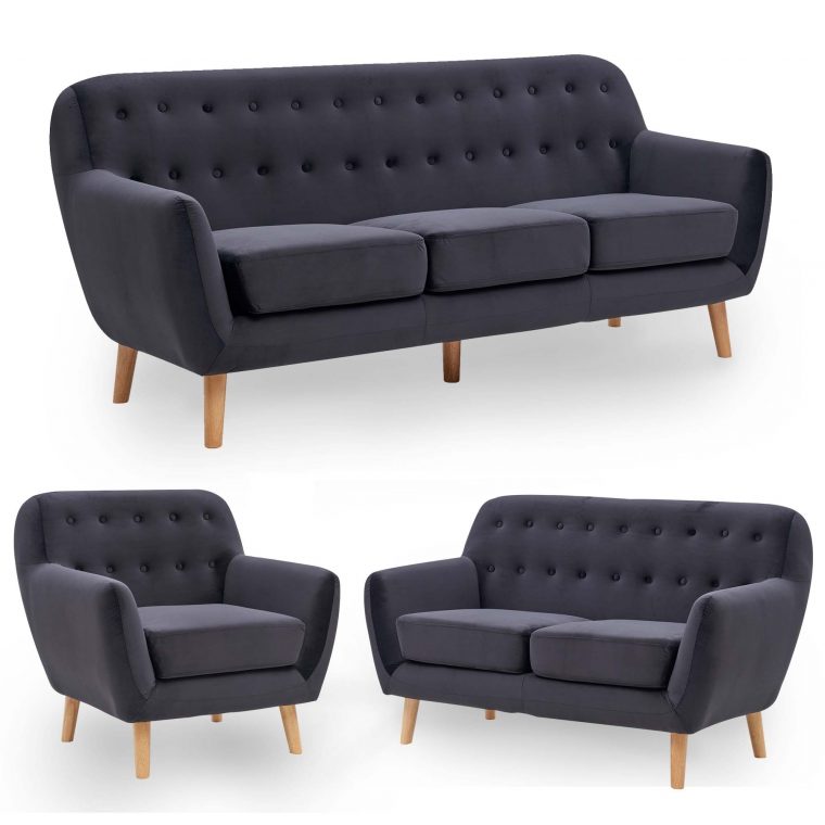 Ensemble Canapé Scandinave 3+2+1 Places Tissu Velours Noir Viky dedans Ensemble Canape Scandinave