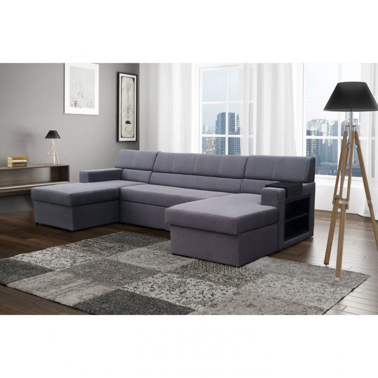 Canapé D'Angle Convertible 4 Places En Tissu Gris Avec 2 ... dedans Grand Canape Droit