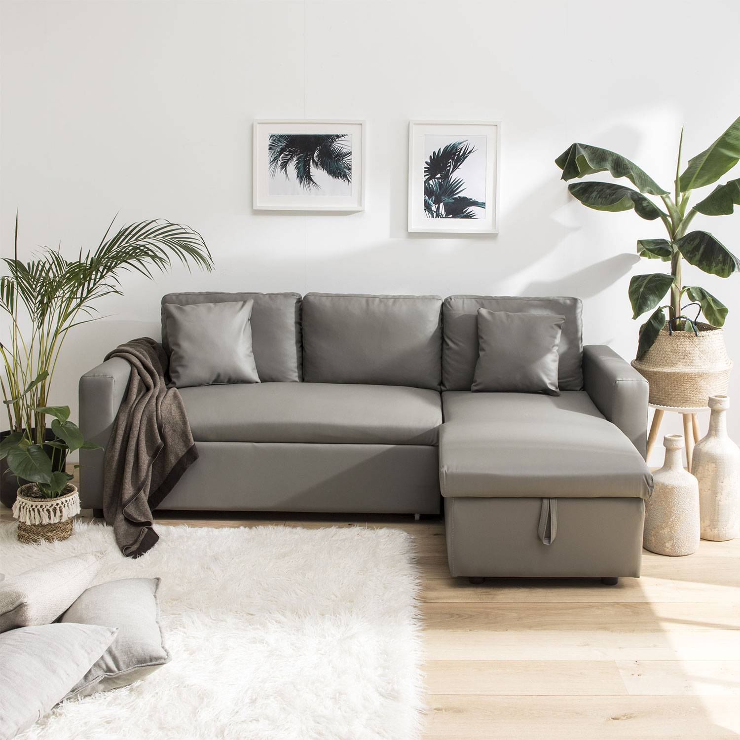 Canapé D'Angle Convertible Simili Cuir 3 Places Taupe Avec ... serapportantà Canape Simili Cuir Pas Cher