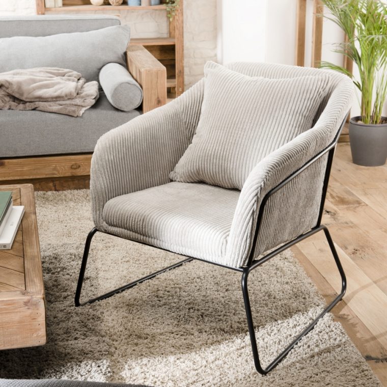 Fauteuil Tissu Velours Côtelé Gris Perle Pieds Évasés ... serapportantà Fauteuil Tissu Gris