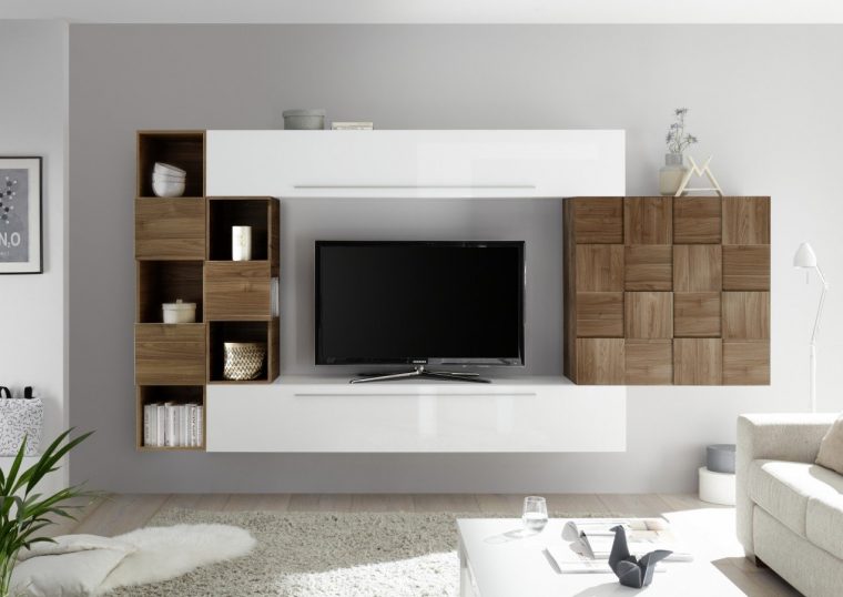 Meuble Télé Suspendu Design Laqué Blanc Et Bois Cognac - 1139 avec Meuble Tv Design Suspendu