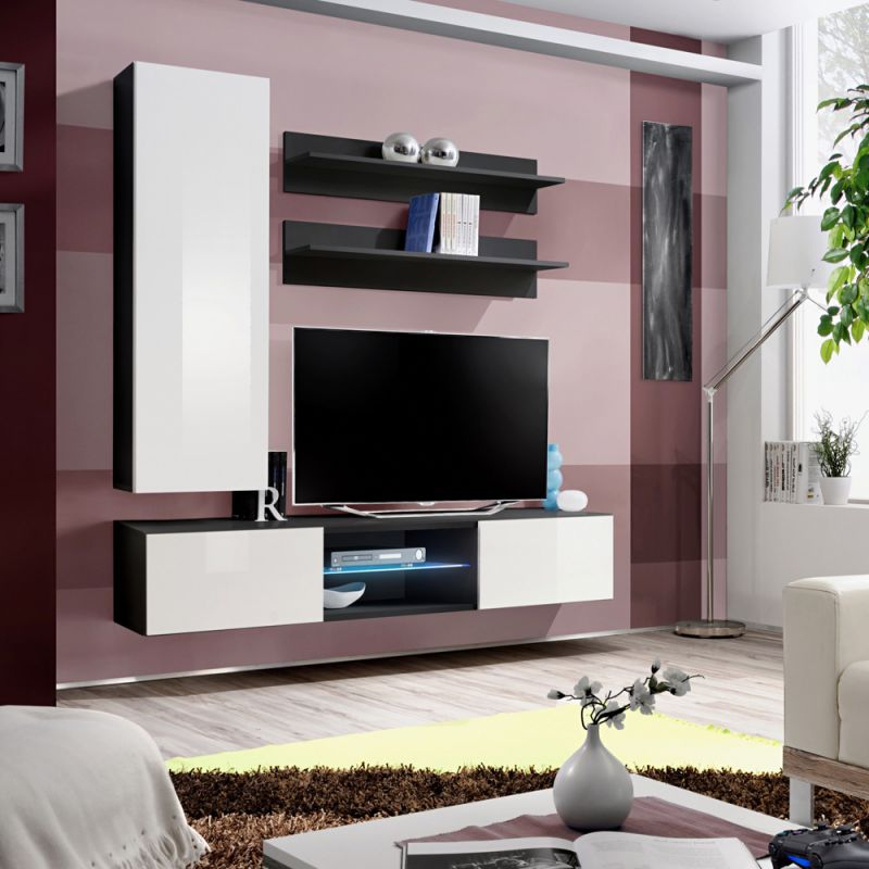 Meuble Tv Mural Design &quot;Fly Xviii&quot; 160Cm Blanc &amp; Noir intérieur Meubles Tv Fly