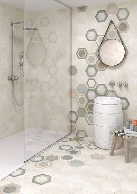 Beige Hex Tiles In The Shower, Colorful Hex Tiles For Walls And Floors ... dedans Lavabo Salle De Bain Moderne Ukraine