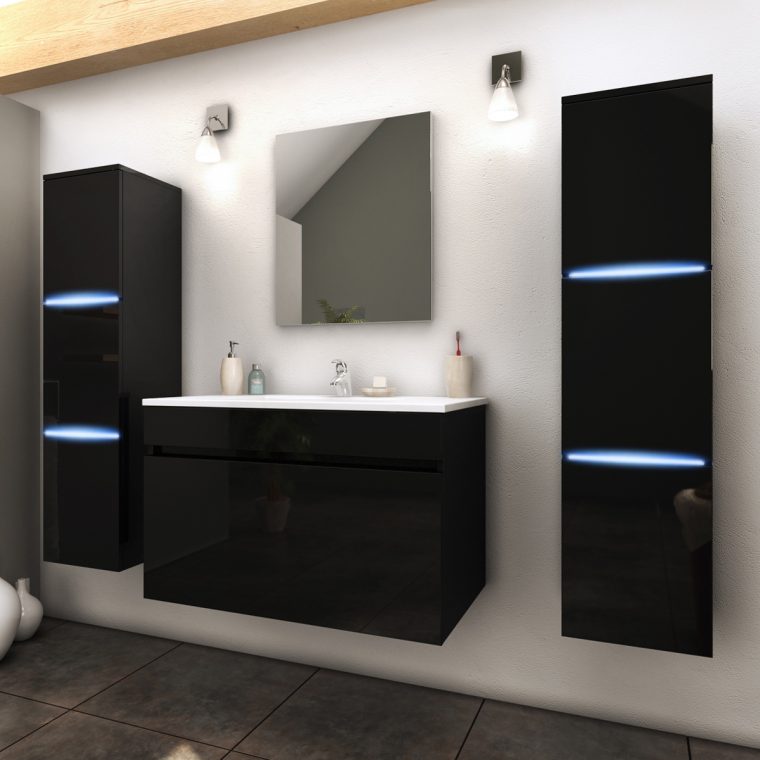 Ensemble De Salle De Bain À Leds (Noir) - Homebain : Vente En Ligne ... tout Meuble Rangement Salle De Bain Noir Laqué