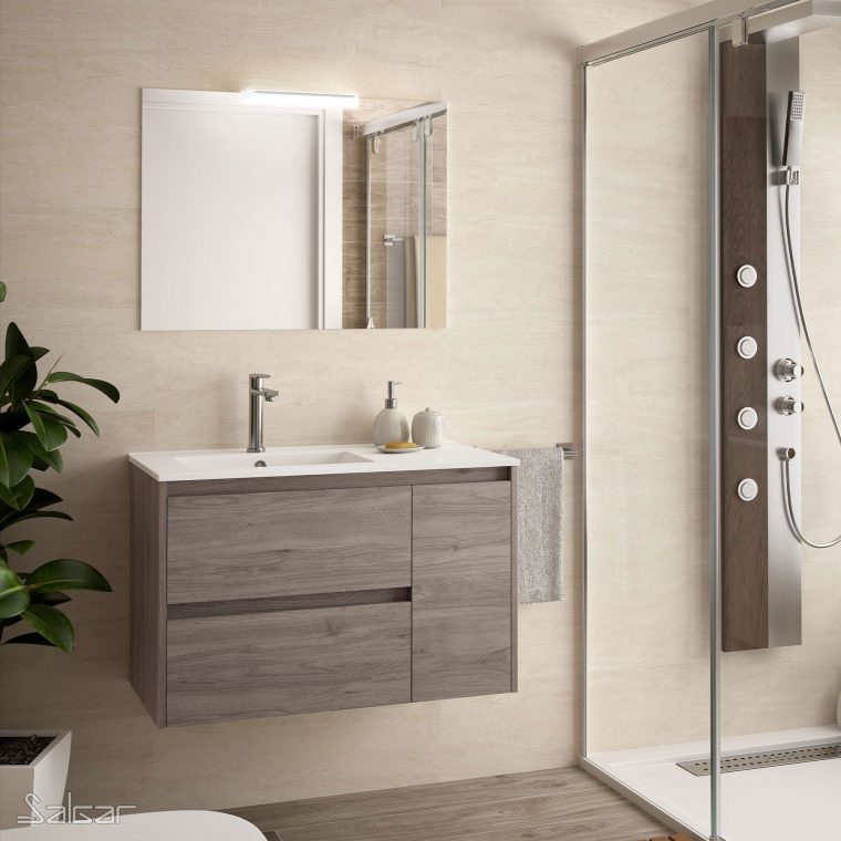 Ensemble Salgar Noja 86 Cm 2 Tiroirs/1 Porte À Droite Chêne Eternity ... tout Salle De Bain Italienne Passé Composé