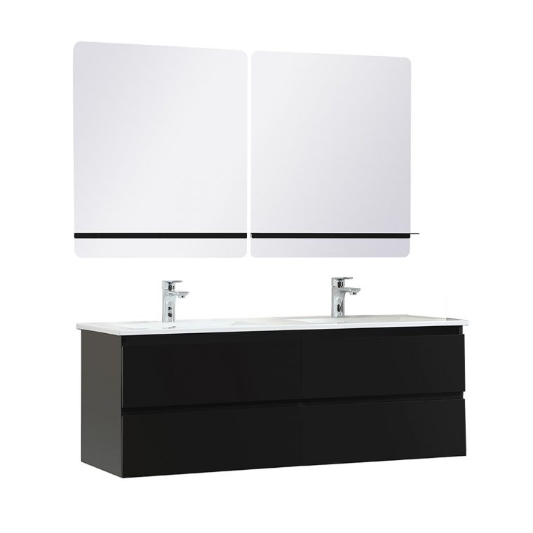 Meuble De Salle De Bain Double Vasque 120 Cm Noir Carbone + 2 Miroirs ... intérieur Salle De Bain Meuble Noir Sous Vasque