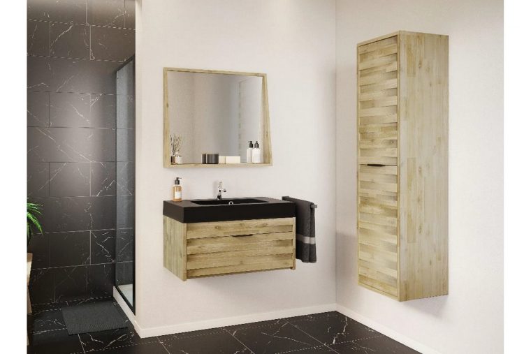 Meuble De Salle De Bain En Bois Massif Avec Plan Béton Noir Mat Et ... encequiconcerne Meuble Rangement Salle De Bain Noir Mat