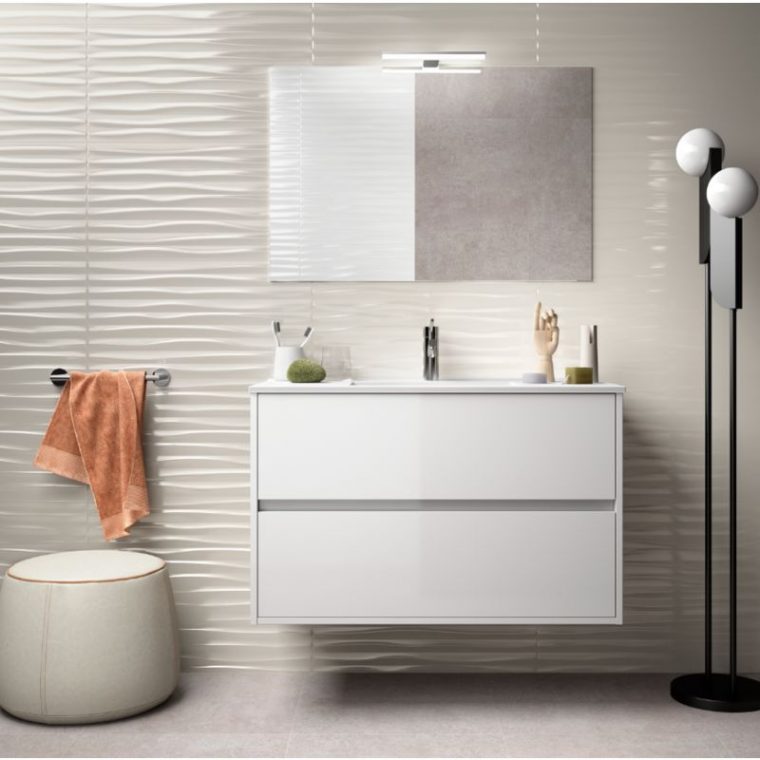 Meuble De Salle De Bain Suspendu 90 Cm Blanc Laque Avec Lavabo En ... tout Lavabo Salle De Bain Leroy Merlin 90 Cm