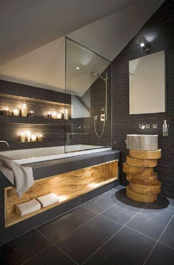 Salle De Bain Moderne Ardoise Et Bois Massif. | Bathroom Design Small ... avec Design Salle De Bain Moderne