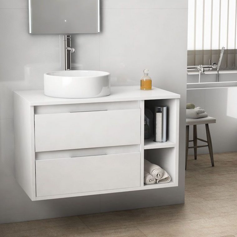 Terra, Meuble Salle De Bain Blanc Brillant 80 Cm, 2 Tiroirs | Single ... destiné Meuble Salle De Bain Design 80 Cm