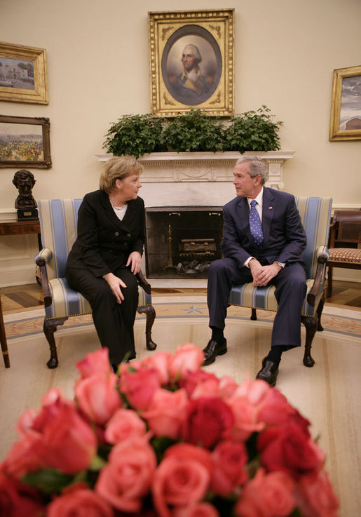 President George W. Bush meets with German Chancellor Angela Merkel in