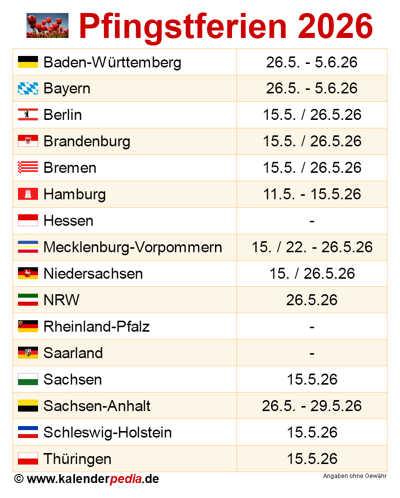  Pfingstferien 2026 in Deutschland (alle Bundesländer) Illustration 